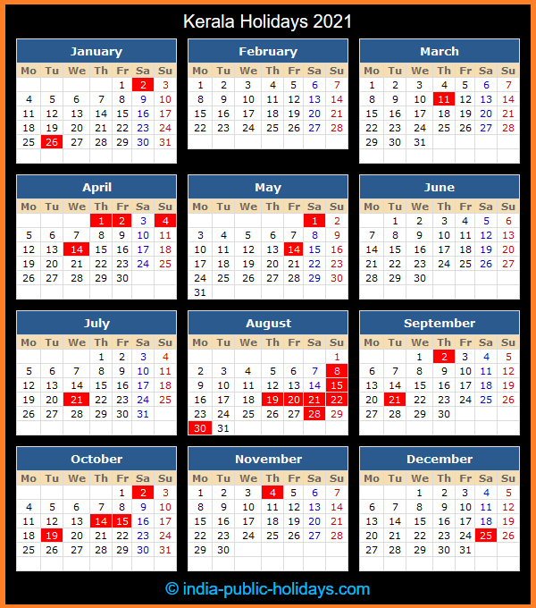Kerala Holiday Calendar 2021